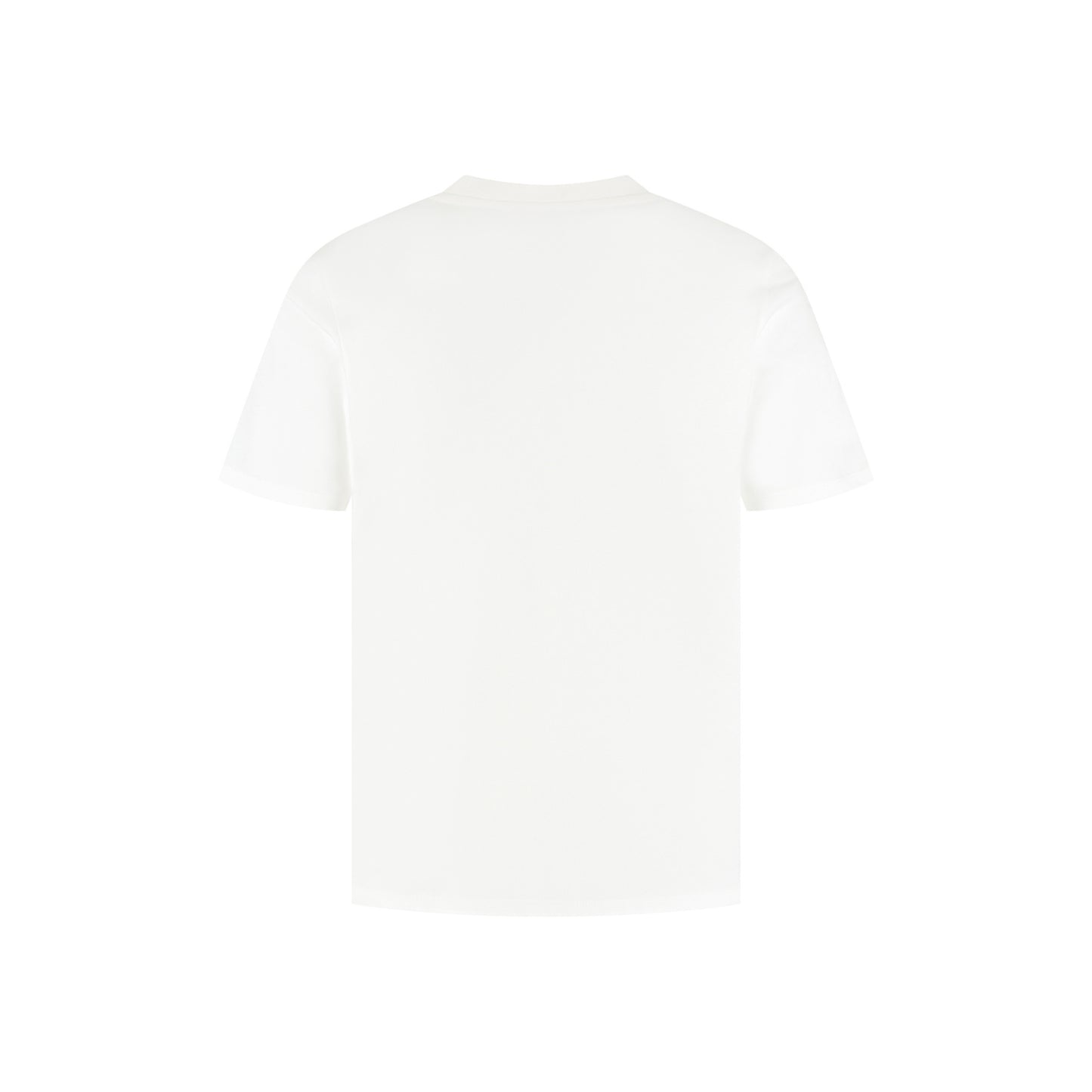 Rückseite eines weißen T-Shirts vor einem weißen Hintergrund