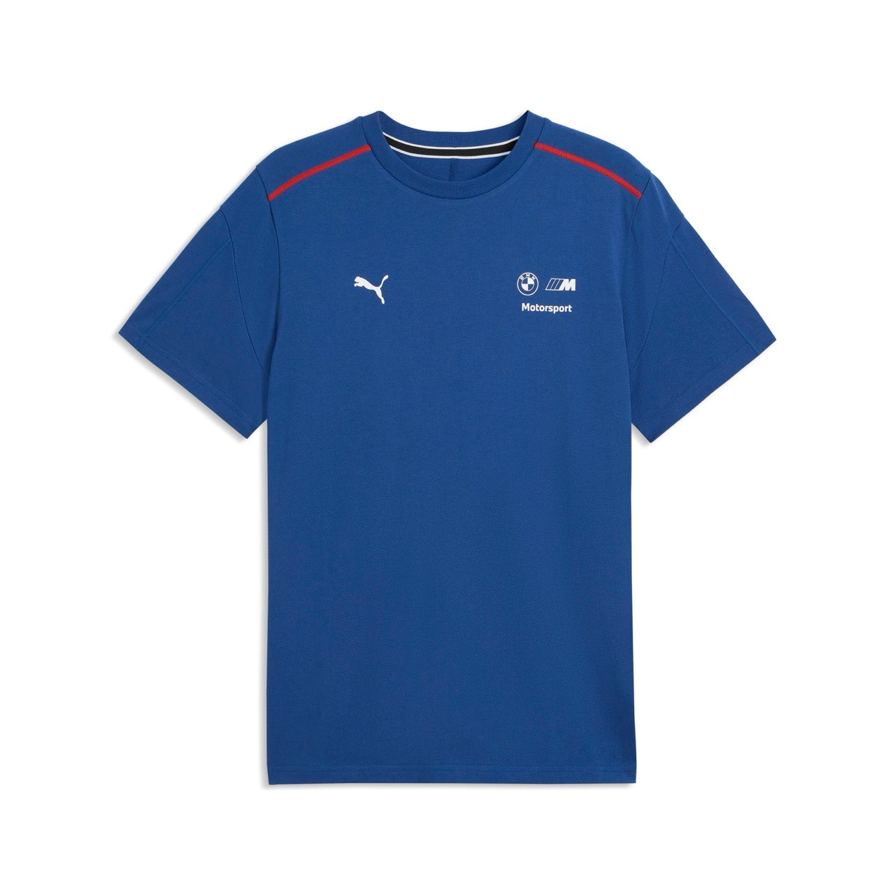 Dunkelblaues T-Shirt mit roten Nähte. Weißes BMW und Puma Logo auf der Brust