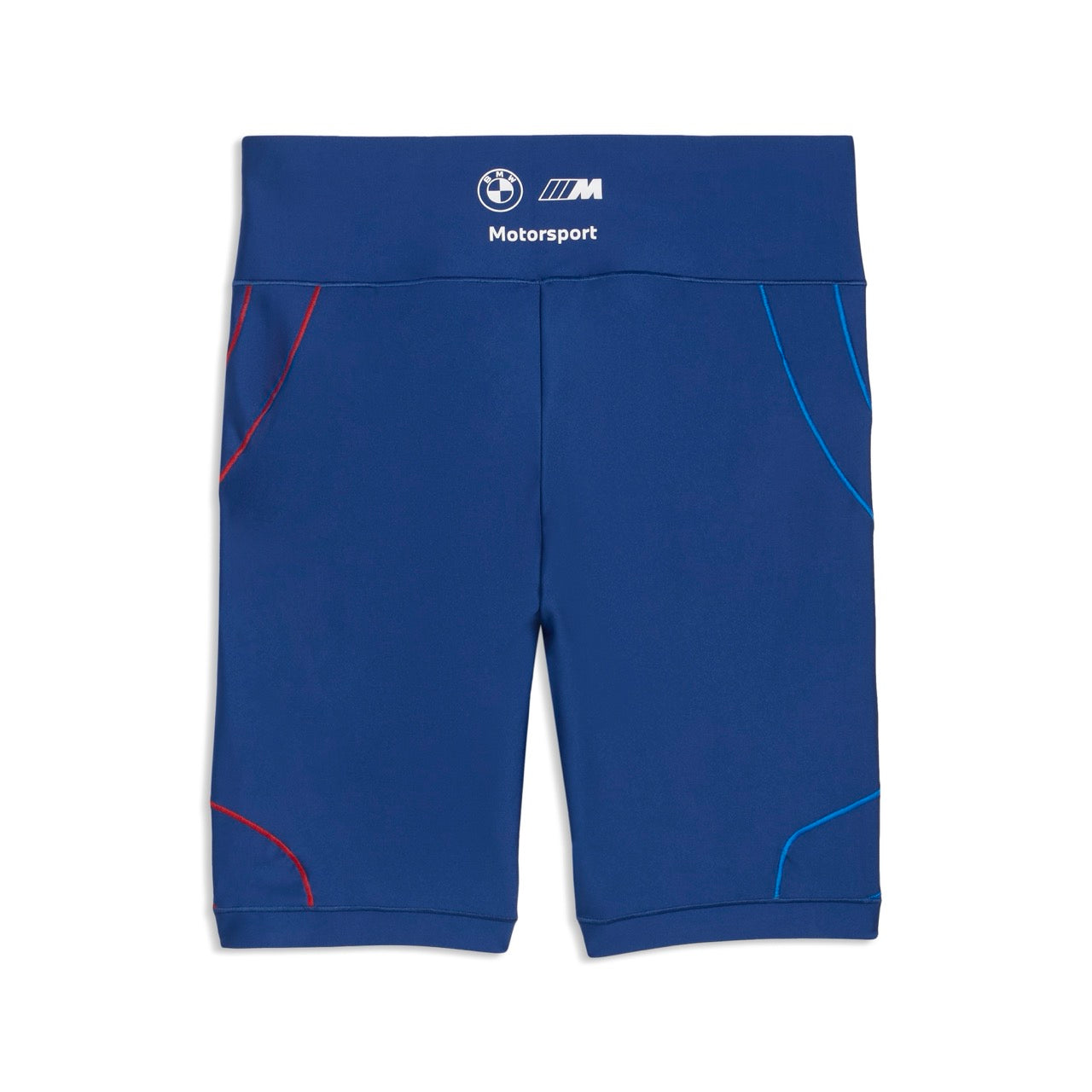 Dunkelblaue Radlershorts mit BMW M Motorsport Logo auf dem Saum und roen bzw. hellblauen Linien an den Seiten.