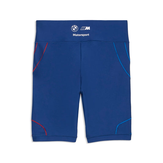 Dunkelblaue Radlershorts mit BMW M Motorsport Logo auf dem Saum und roen bzw. hellblauen Linien an den Seiten.