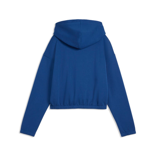 Rückseite eines dunkelblauen Hoodies mit Kaputze