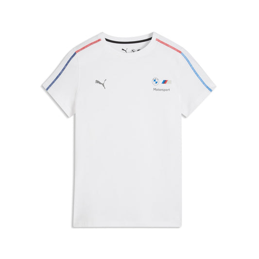 Weißes Tshort mit blauen und roten Nähten an der Schulter sowie farbigen BMW und Puma Logo auf der Brust