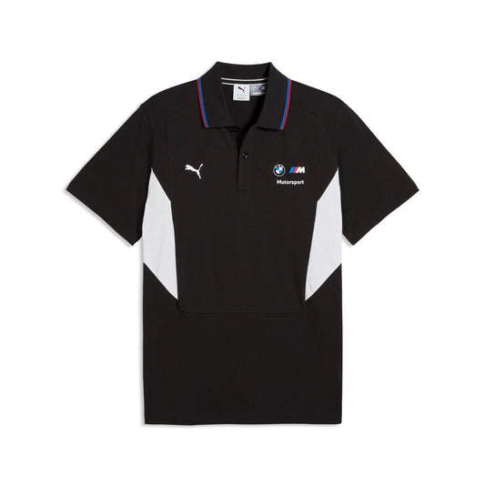 Schwarzes Poloshirt mit BMW M Motorsport und Puma-Logo auf der Brust