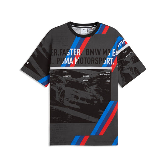 schwarzes BMW M Motorsport T-Shirt mit Schriftzügen und Bildern