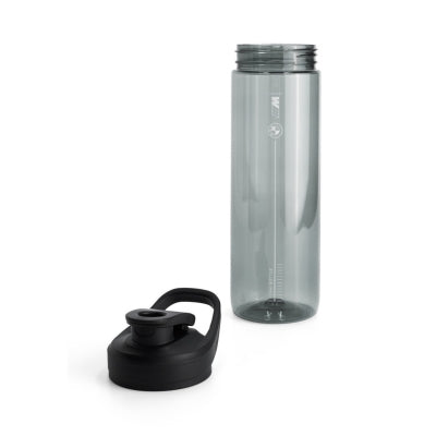 BMW M Trinkflasche in grau vor weißem Hintergrund mit abgeschraubten Deckel