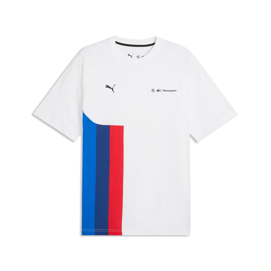 Weißes BMW M Motorsport t-Shirt mit Streifen im M-Design an der Seite und Puma-Logo
