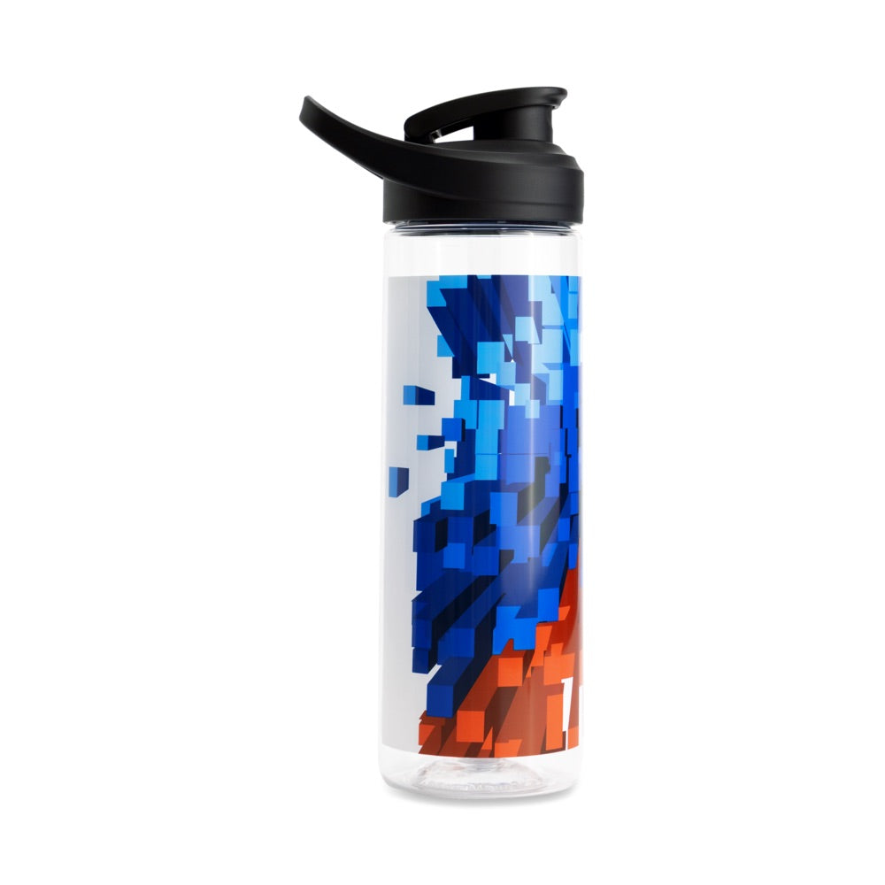 BMW M Motorsport Trinkflasche mit durchsichtigem Flaschenkörper welcher in den BMW M typischen Farben im Pixel-Design bedruckt ist.