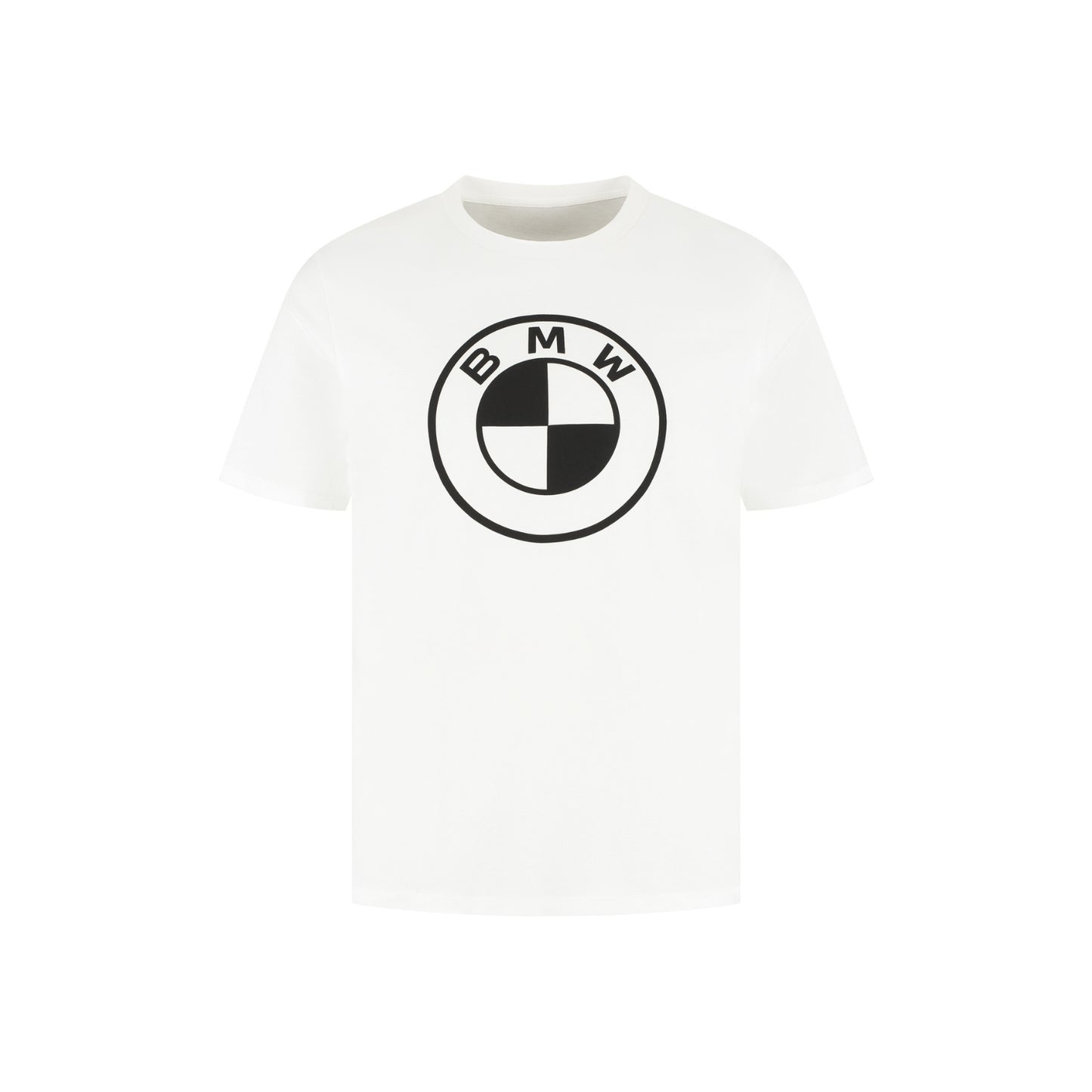 Weißes T-Shirt mit einem großen schwarzen BMW Logo mittig auf der Brust