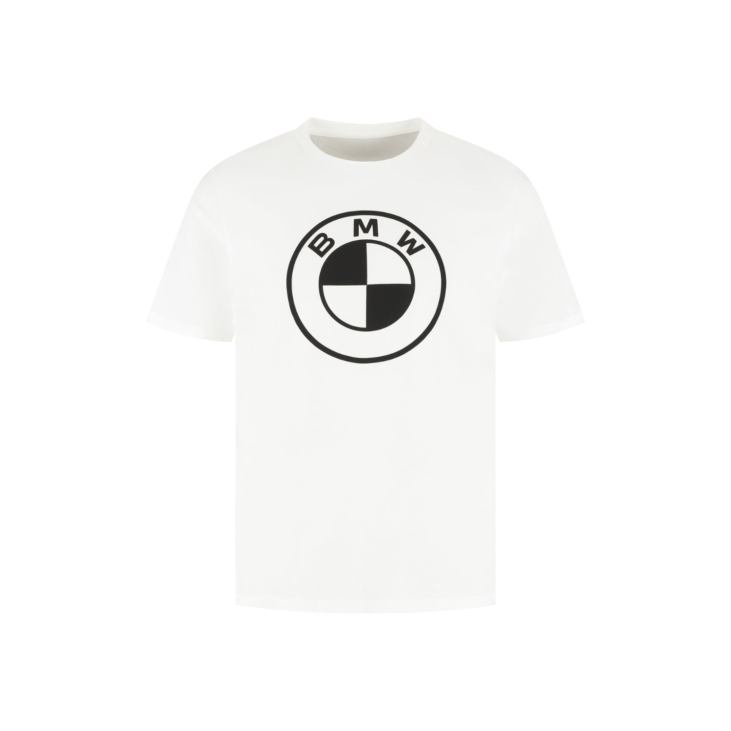 Weißes T-Shirt mit einem großen schwarzen BMW Logo mittig auf der Brust