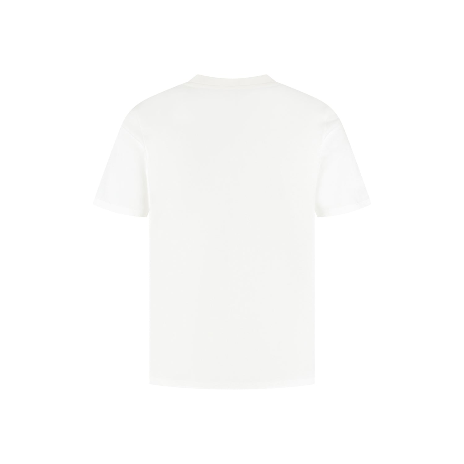 Rückseite eines weißen T-Shirts vor einem weißen Hintergrund