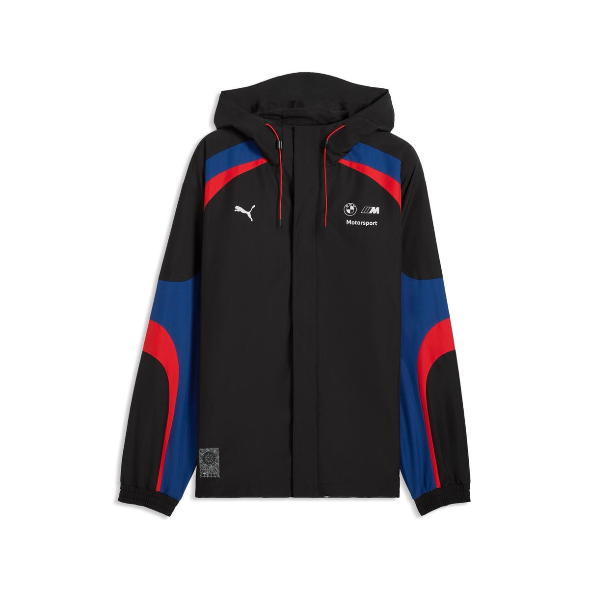 Schwarzer Windrbreaker mit Kaputze und Details in rot und dunkelblau. Puma und BMW M Motorsport Logo in weiß auf der Brust