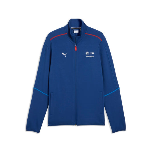 Dunkelblaue Sweatjacke mit Stehkragen. Hellblaue und rote Nähte als Akzent, weißes Puma und BMW Logo auf der Brust
