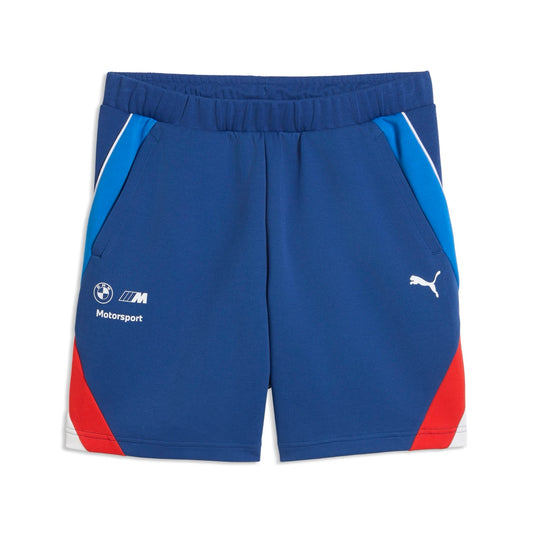 Dunkelblaue Shorts mit weißen, hellblauen und roten Details an der Seite sowie einem BMW M Motorsport und Puma Logo in weiß