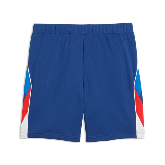 Rückseite einer dunkelblauen Shorts mit weißen, hellblauen und roten Details an der Seite