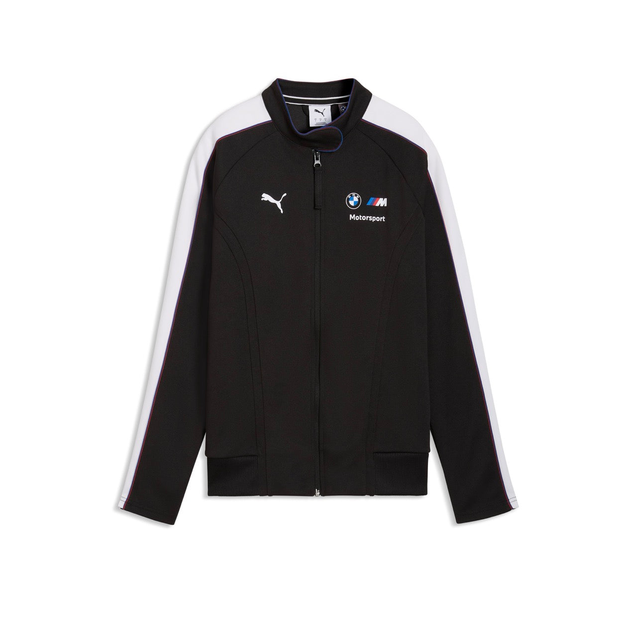 Schwarz-weiße Sweatjacke mit Stehkragen mit Logos von BMW M Motorsport und Puma