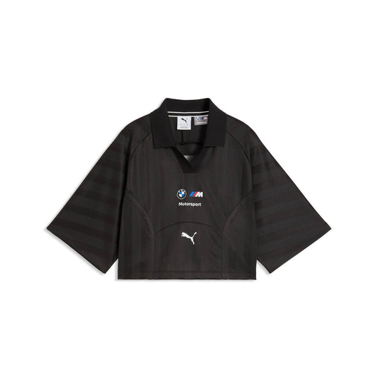 Kurzes weit ausgestelltes schwarzes Poloshirt mit Kragen ohne Knöpfen mit farbigen Logos