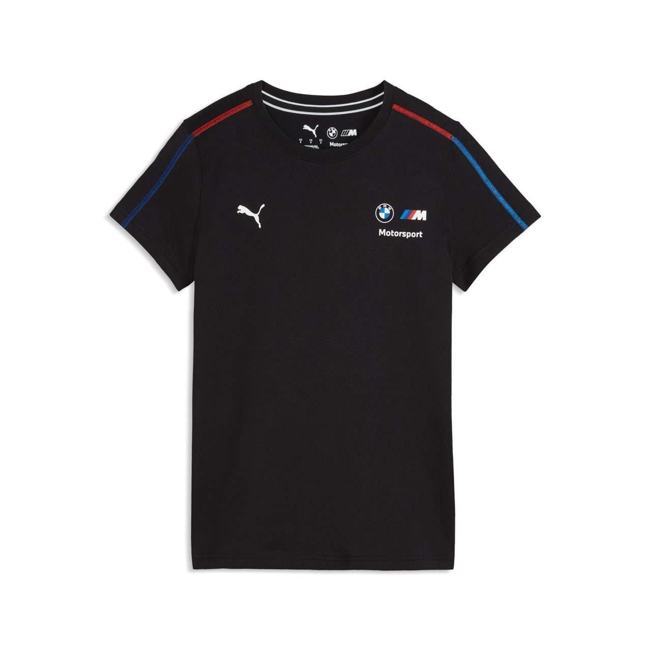 Schwarzes T-Shirt mit roten Nähte. Weißes BMW und Puma Logo auf der Brust