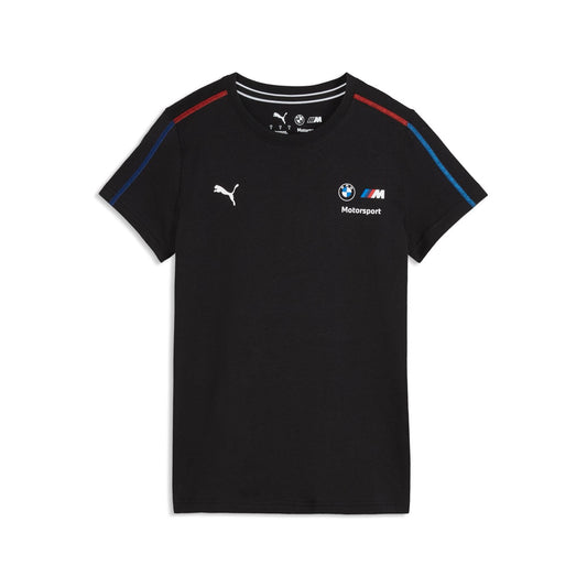 Schwarzes T-Shirt mit roten Nähte. Weißes BMW und Puma Logo auf der Brust