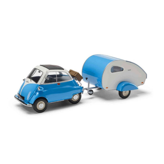 Blau weiße BMW Isetta Miniatur mit passendem Wohnanhänger