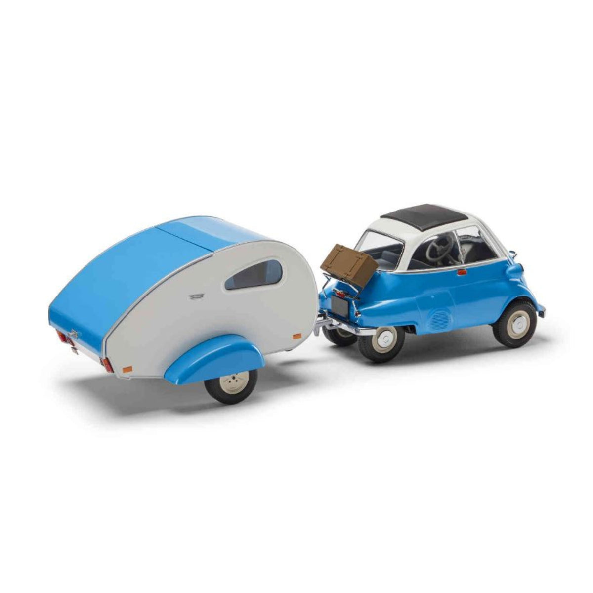Blau weiße BMW Isetta Miniatur mit passendem Wohnanhänger