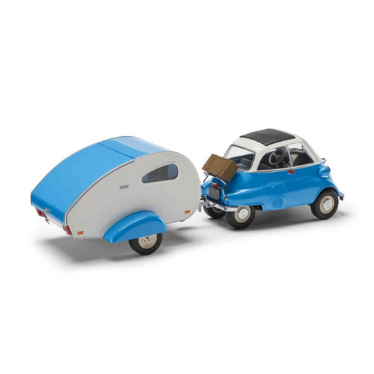 Blau weiße BMW Isetta Miniatur mit passendem Wohnanhänger