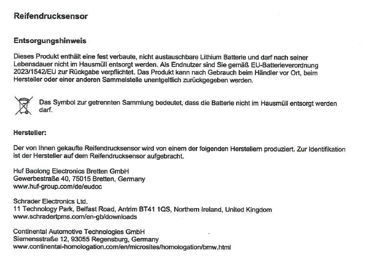Heinweis Entsrgung Reifendrucksensor