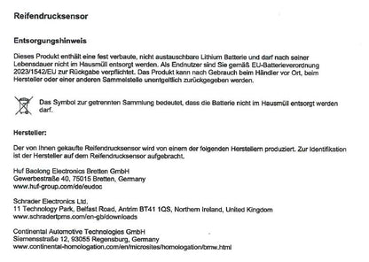 Heinweis Entsrgung Reifendrucksensor