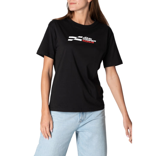 schwarzes Damen T-Shirt mit MINI JCW Logo auf der Brust
